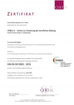 Zertifikat DIN EN ISO 9001:2015 für den VFBB e. V.