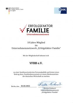 Zertifikat für den VFBB e. V. zur Mitgliedschaft im Unternehmensnetzwerk Erfolgsfaktor Familie