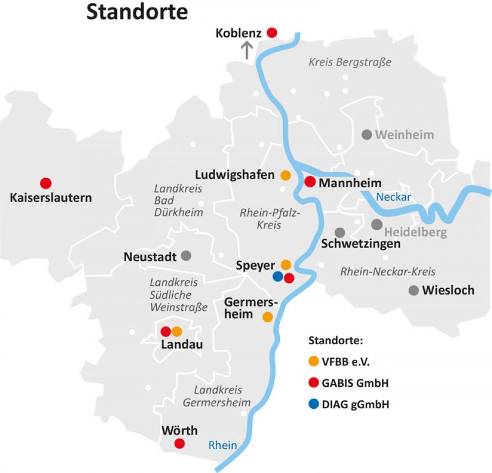 Regionale Karte der Metropolregion Rhein-Neckar, auf der die Standorte des VFBB, der GABIS und von DIAG eingezeichnet sind