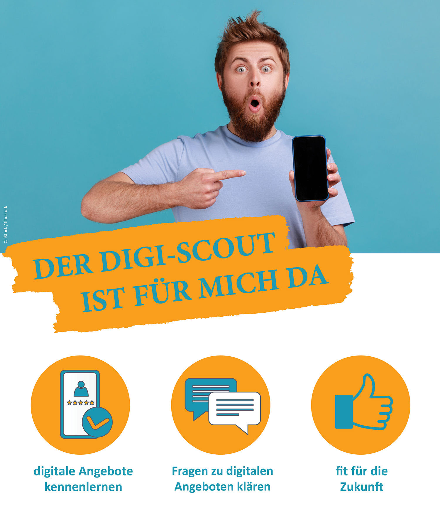 Poster des VFBB-Angebots Digi-Scout. Schriftzug Der Digi-Scout ist für mich da. Vorteile: digitale Angebote kennenlernen, Fragen zu digitalen Angeboten klären, fit für die Zukunft