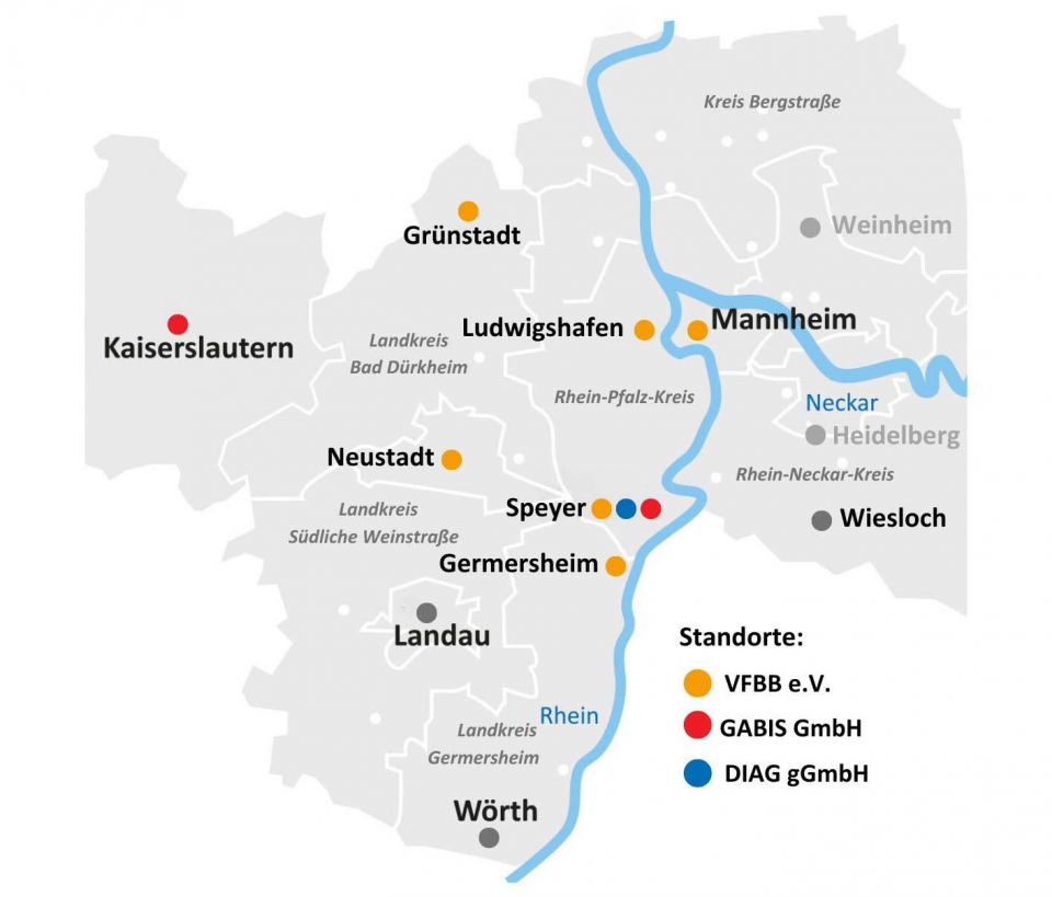 Regionale Karte der Metropolregion Rhein-Neckar, auf der die Standorte des VFBB, der GABIS und von DIAG eingezeichnet sind